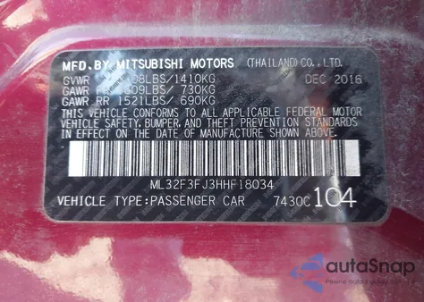 2017 Mitsubishi Mirage G4 Es from USA, damaged, VIN ML32F3FJ3HHF18034